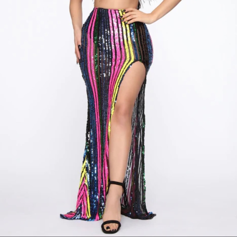 Colorful sequin maxi skirt with feathered top